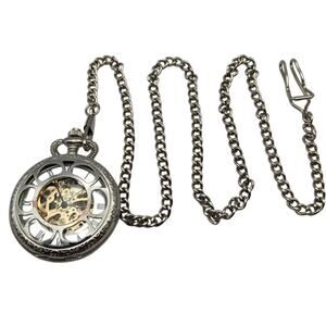 Skeleton Half Hunter Mechanical Pocket Watch Roman Numeral - 24" Chain with Clip